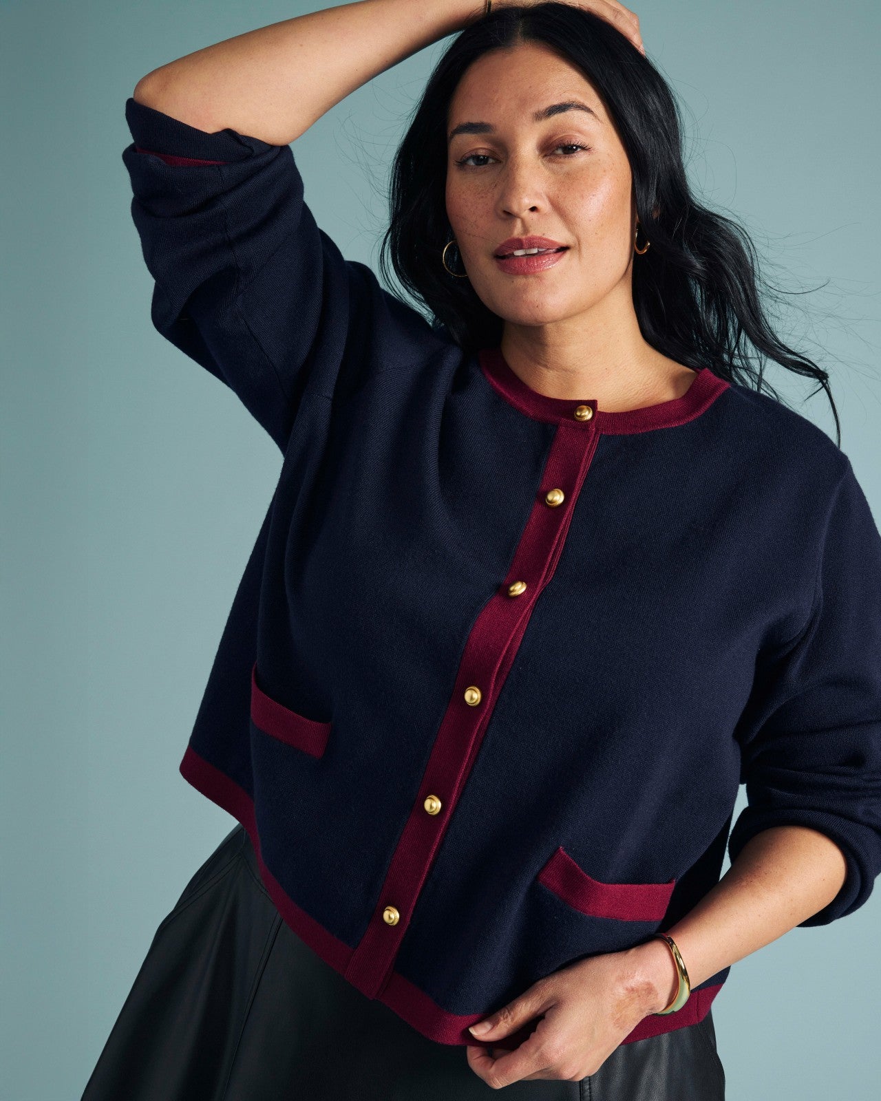Universal Standard Gabrielle Button-Front Cardigan - Midnight with Red Accents