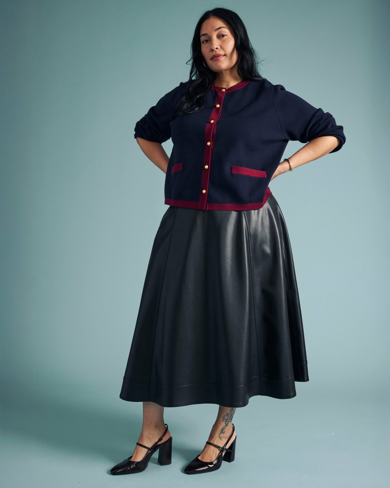 Universal Standard Gabrielle Button-Front Cardigan - Midnight with Red Accents