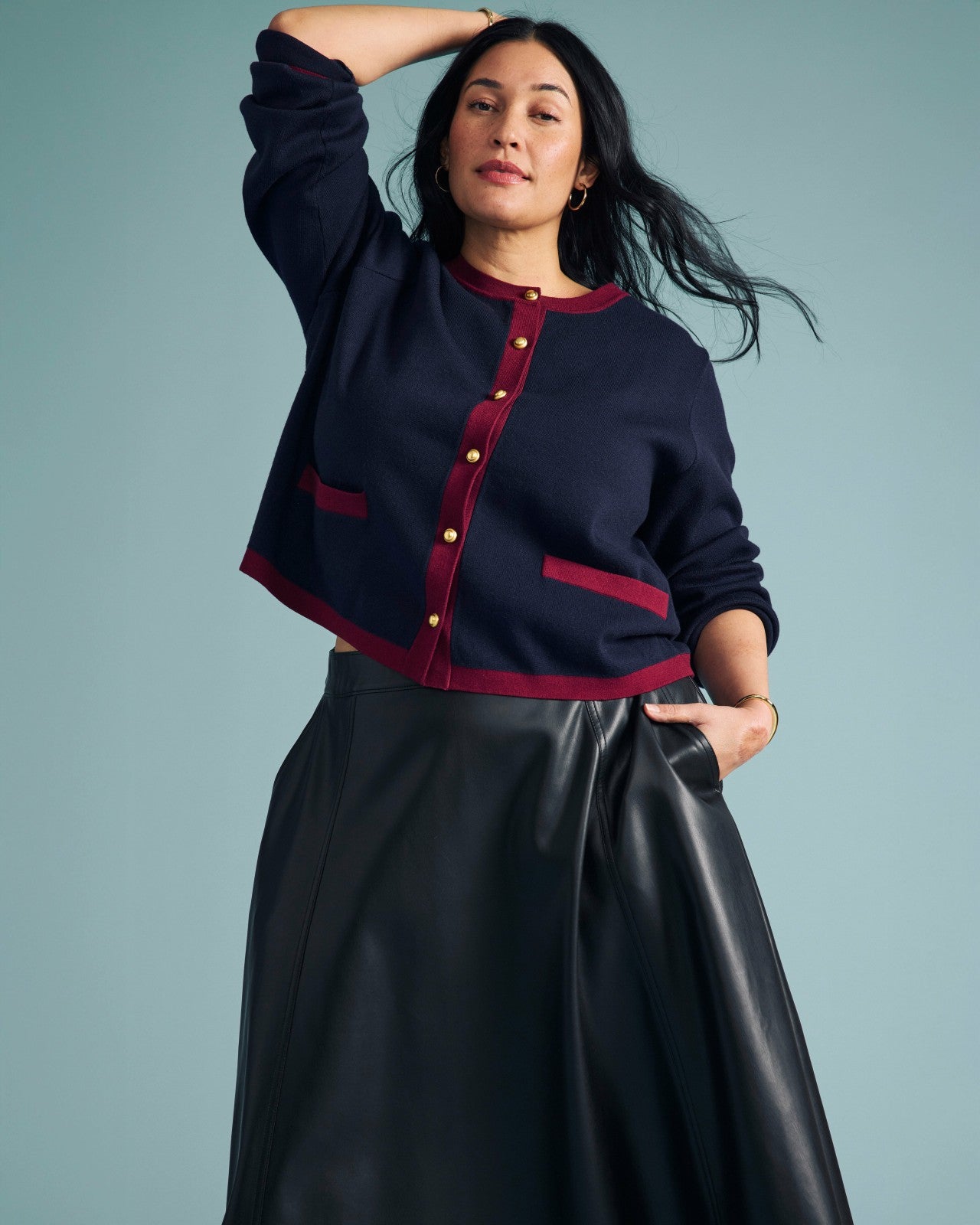 Universal Standard Gabrielle Button-Front Cardigan - Midnight with Red Accents
