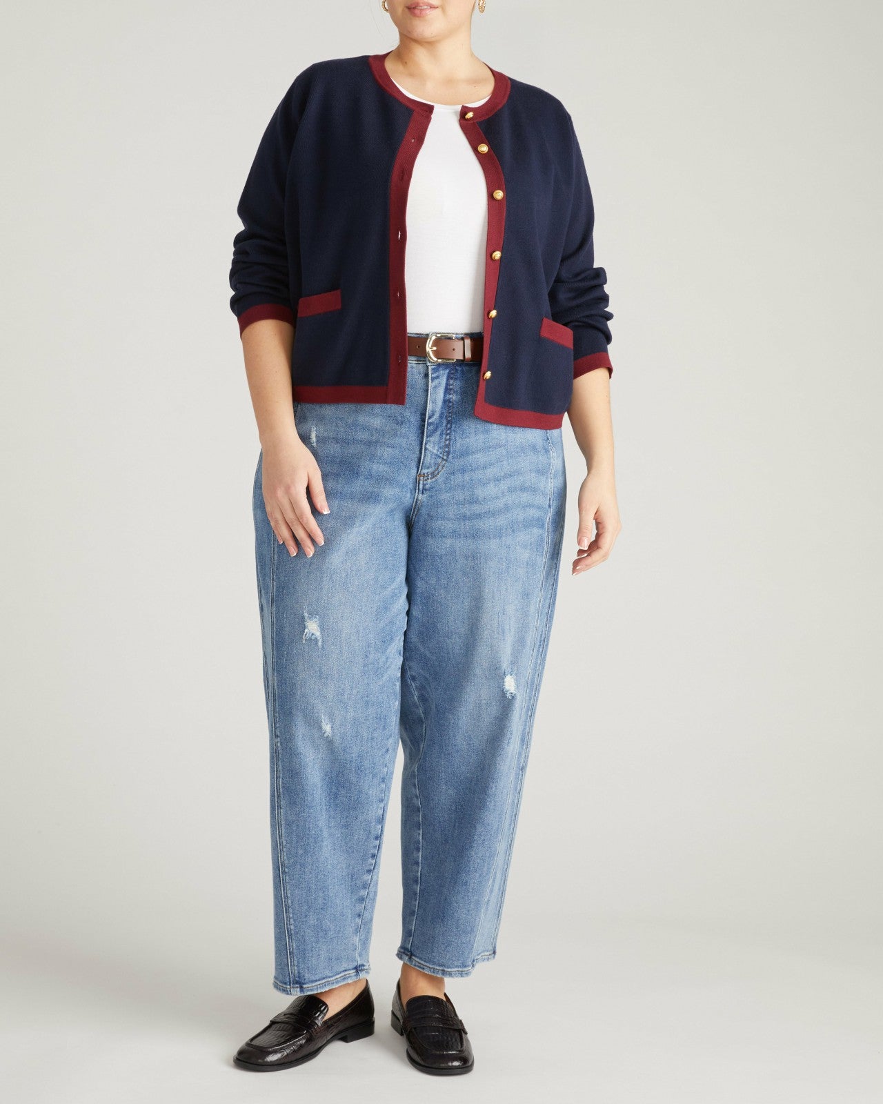 Universal Standard Gabrielle Button-Front Cardigan - Midnight with Red Accents
