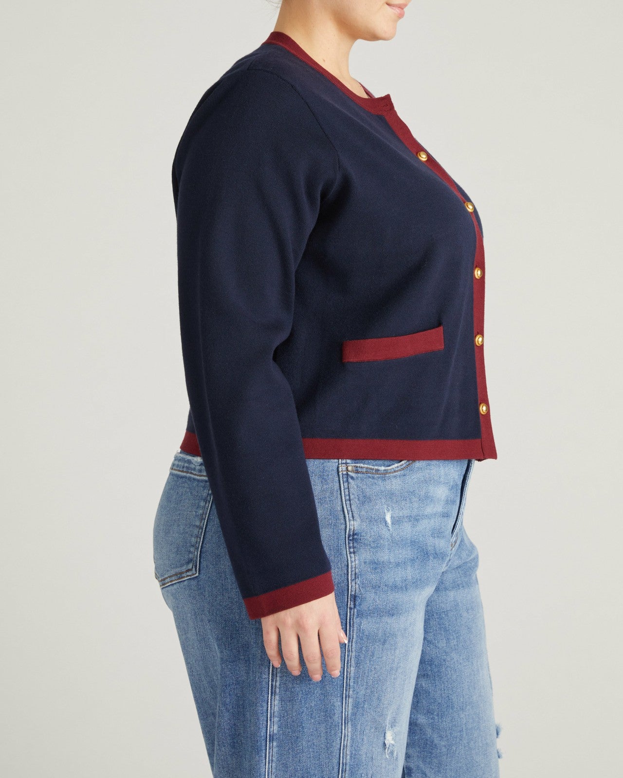 Universal Standard Gabrielle Button-Front Cardigan - Midnight with Red Accents
