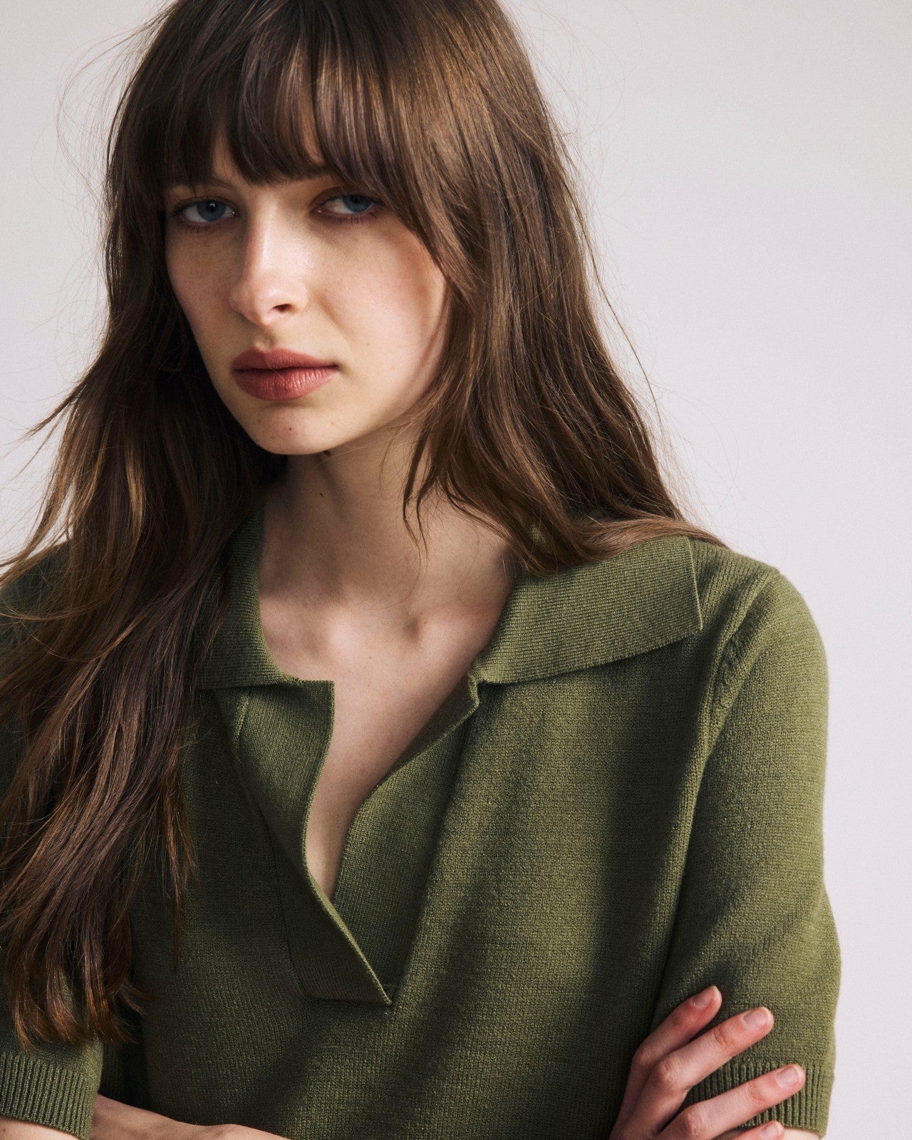 Universal Standard Savvy Fine Knit Short Sleeve Polo Sweater - Olive Leaf