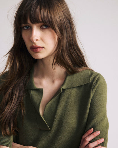 Universal Standard Savvy Fine Knit Short Sleeve Polo Sweater - Olive Leaf