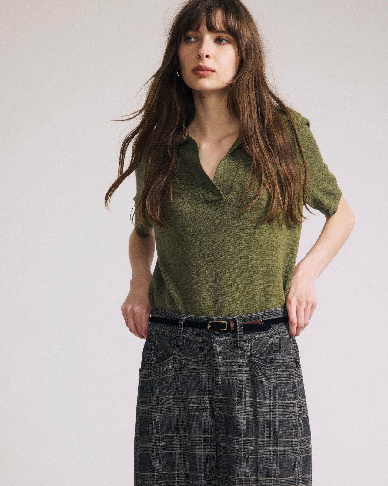 Universal Standard Savvy Fine Knit Short Sleeve Polo Sweater - Olive Leaf