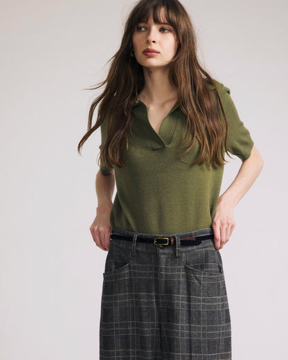 Universal Standard Savvy Fine Knit Short Sleeve Polo Sweater - Olive Leaf