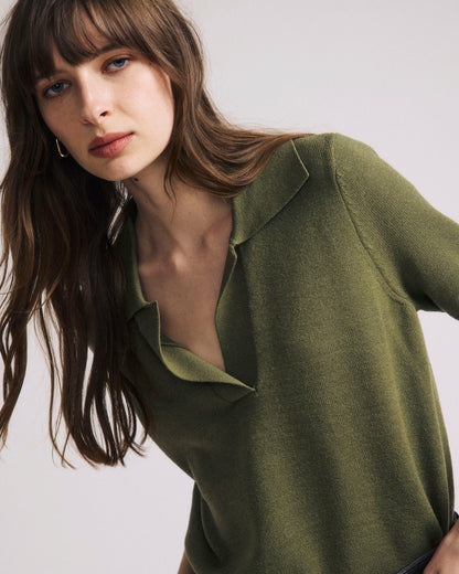 Universal Standard Savvy Fine Knit Short Sleeve Polo Sweater - Olive Leaf