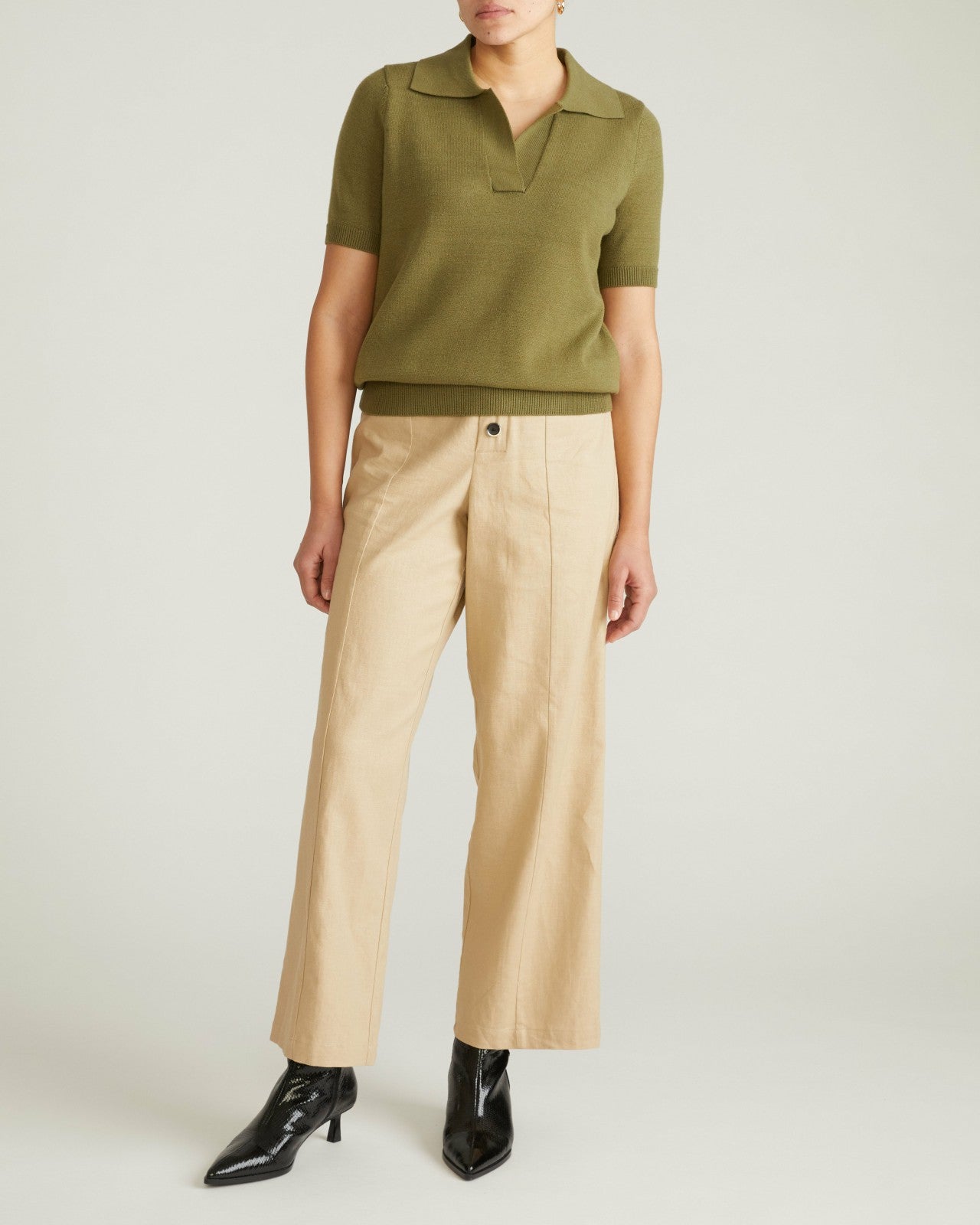 Universal Standard Savvy Fine Knit Short Sleeve Polo Sweater - Olive Leaf