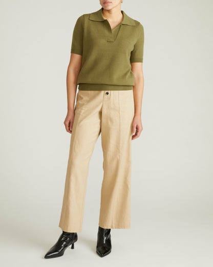 Universal Standard Savvy Fine Knit Short Sleeve Polo Sweater - Olive Leaf
