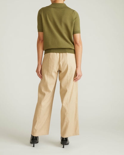 Universal Standard Savvy Fine Knit Short Sleeve Polo Sweater - Olive Leaf