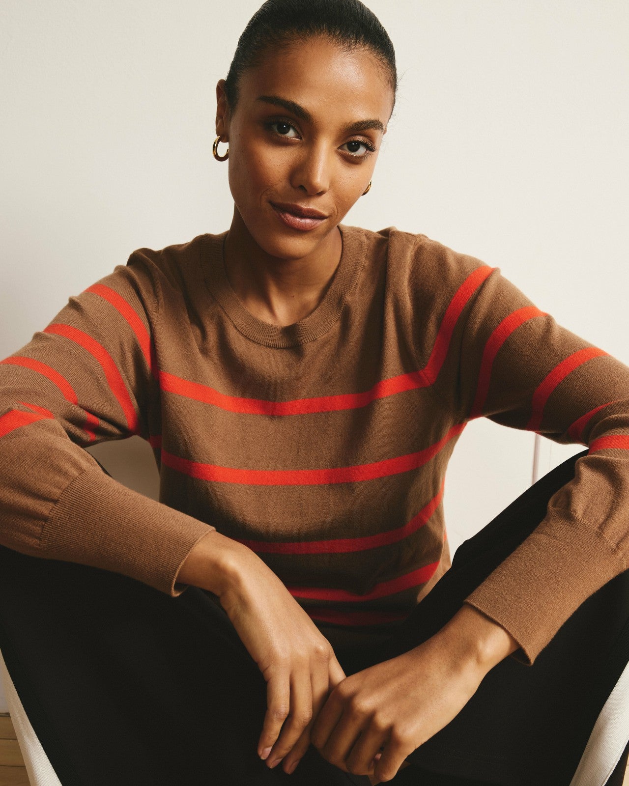 Universal Standard Savvy Fine Knit Crew Sweater - Classic Camel/Poppy Stripe