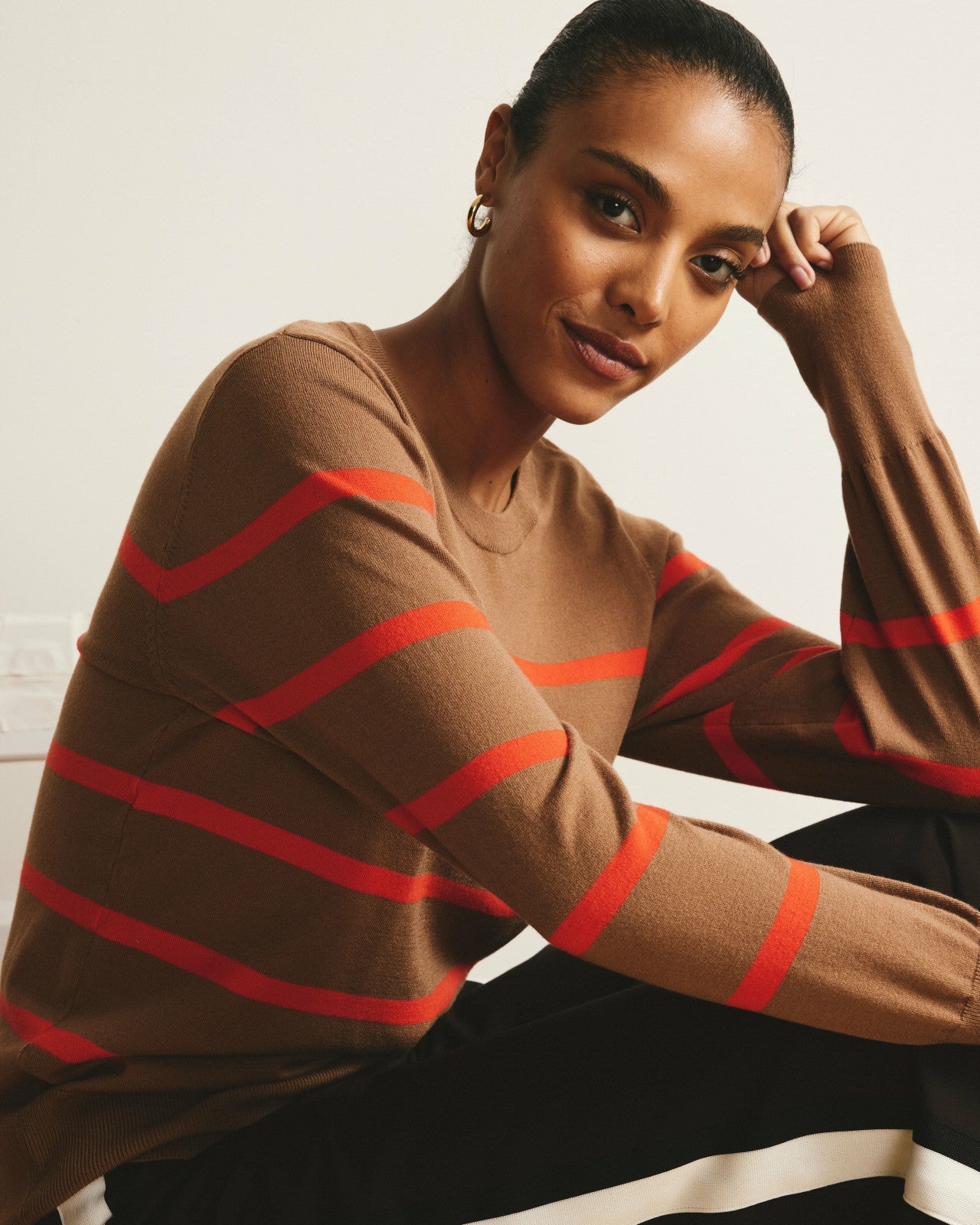 Universal Standard Savvy Fine Knit Crew Sweater - Classic Camel/Poppy Stripe