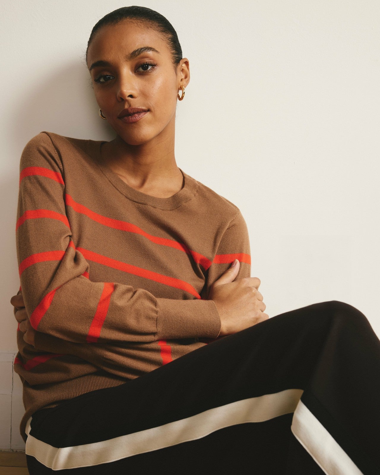 Universal Standard Savvy Fine Knit Crew Sweater - Classic Camel/Poppy Stripe