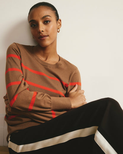 Universal Standard Savvy Fine Knit Crew Sweater - Classic Camel/Poppy Stripe