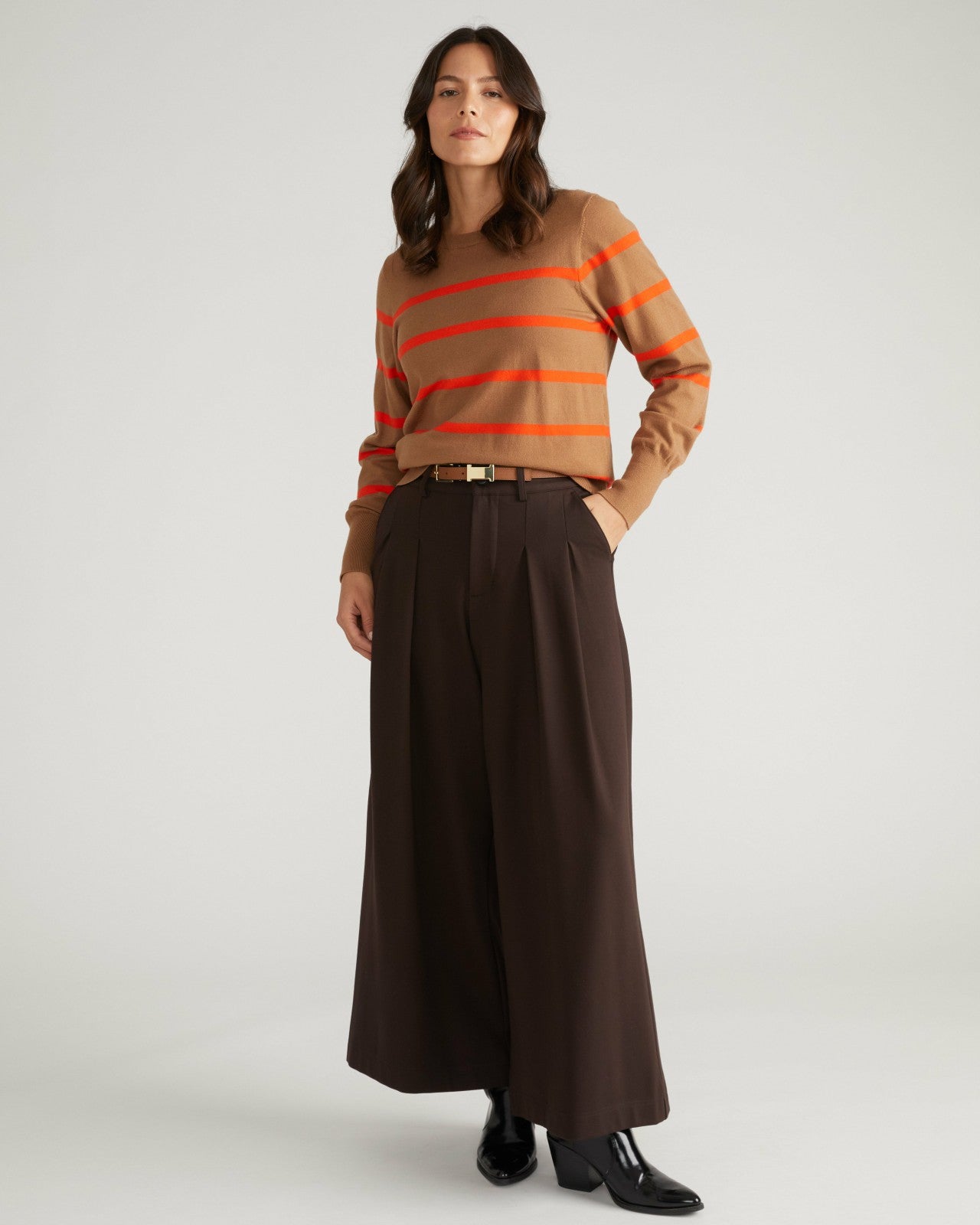 Universal Standard Savvy Fine Knit Crew Sweater - Classic Camel/Poppy Stripe