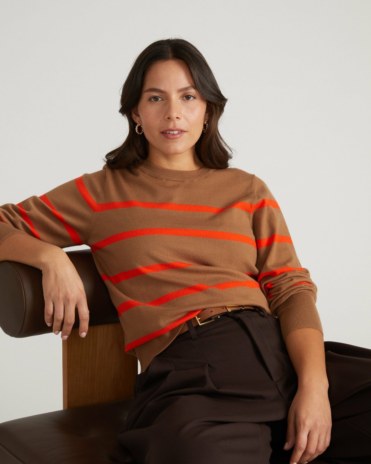 Universal Standard Savvy Fine Knit Crew Sweater - Classic Camel/Poppy Stripe