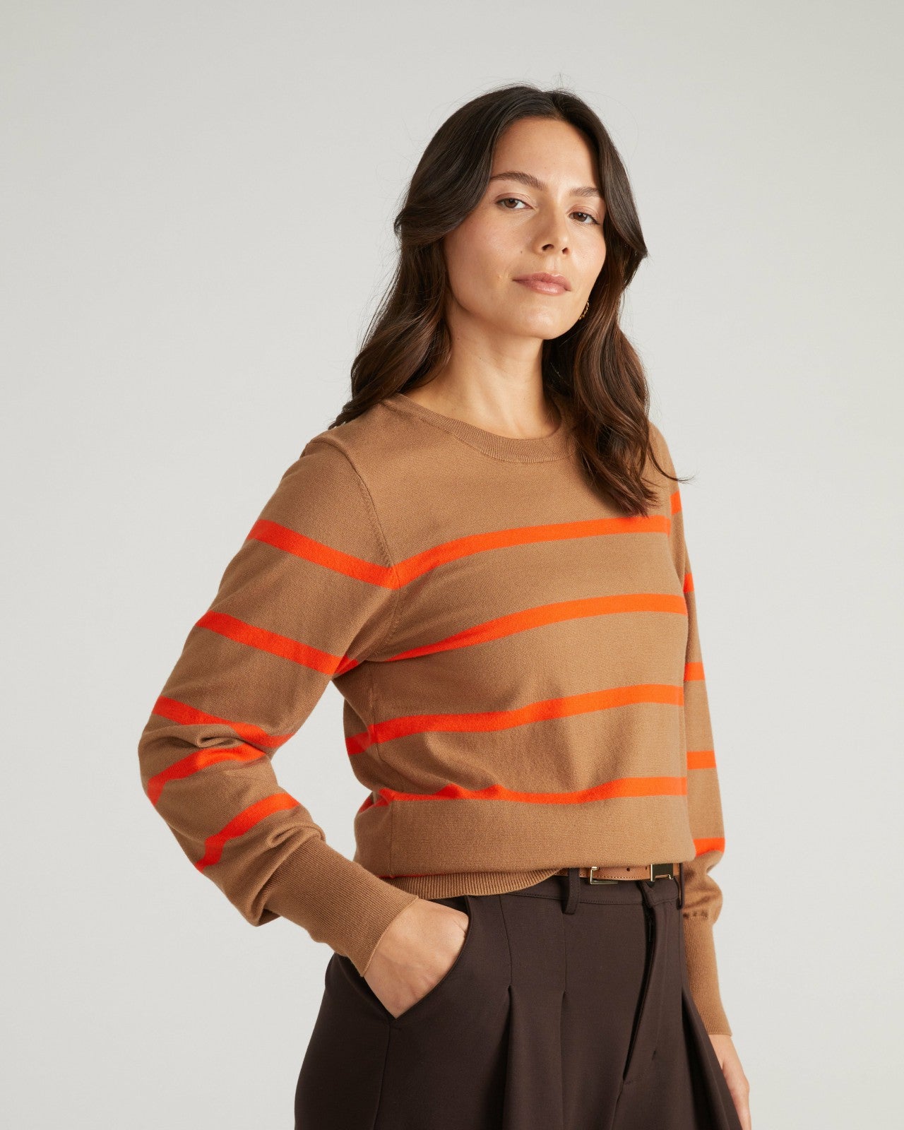 Universal Standard Savvy Fine Knit Crew Sweater - Classic Camel/Poppy Stripe
