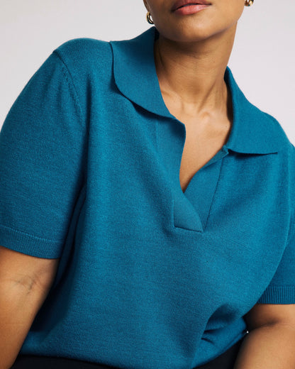 Universal Standard Savvy Fine Knit Short Sleeve Polo Sweater - Blue Beetle