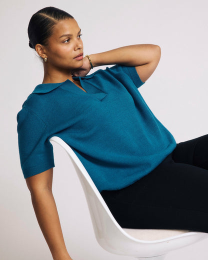 Universal Standard Savvy Fine Knit Short Sleeve Polo Sweater - Blue Beetle