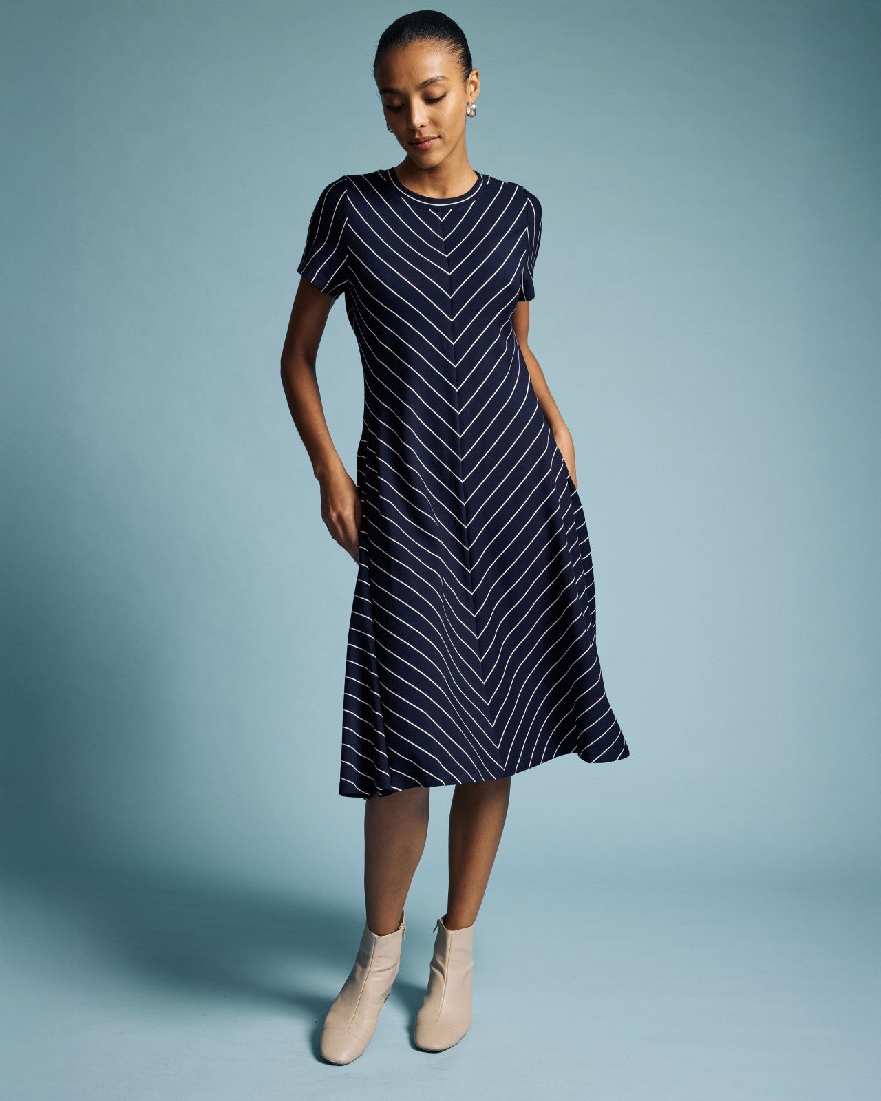 Universal Standard Imani Ponte Dress - Navy Pinstripe