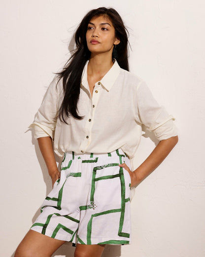 Universal Standard Juniper Linen Blend Easy Pull-On Shorts - Green Paint Print