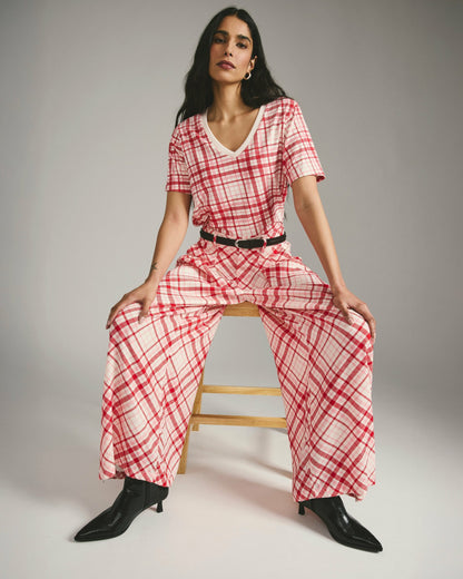 Universal Standard Palais Cooling Cupro Wide Leg Pant - Red Plaid Print