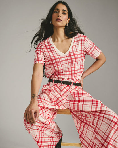 Universal Standard Palais Cooling Cupro Wide Leg Pant - Red Plaid Print