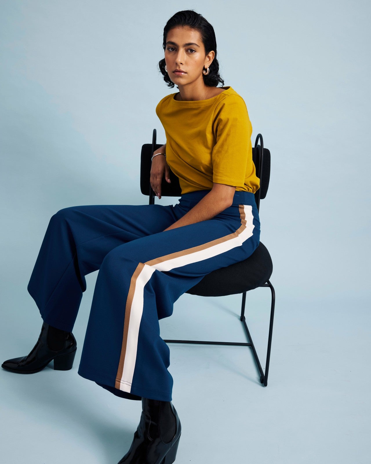 Universal Standard Stephanie Wide Leg Stripe Ponte Pants 30 Inch - Deep Teal with Camel/E