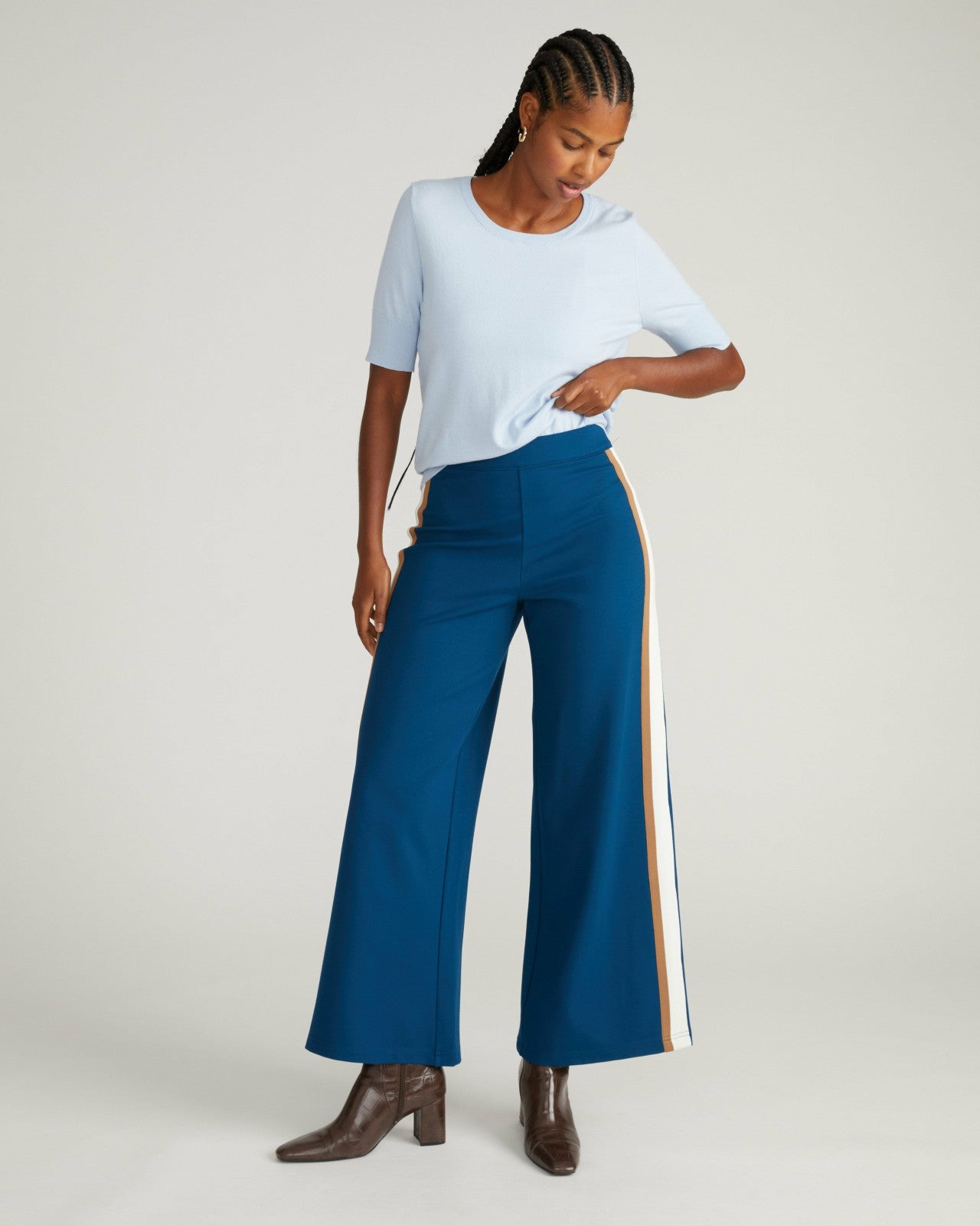Universal Standard Stephanie Wide Leg Stripe Ponte Pants 30 Inch - Deep Teal with Camel/E