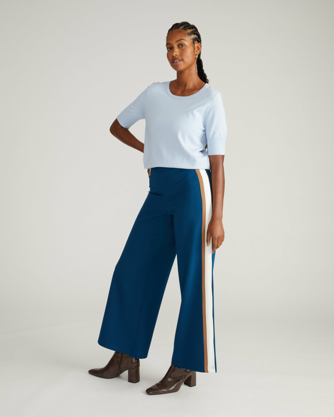 Universal Standard Stephanie Wide Leg Stripe Ponte Pants 30 Inch - Deep Teal with Camel/E