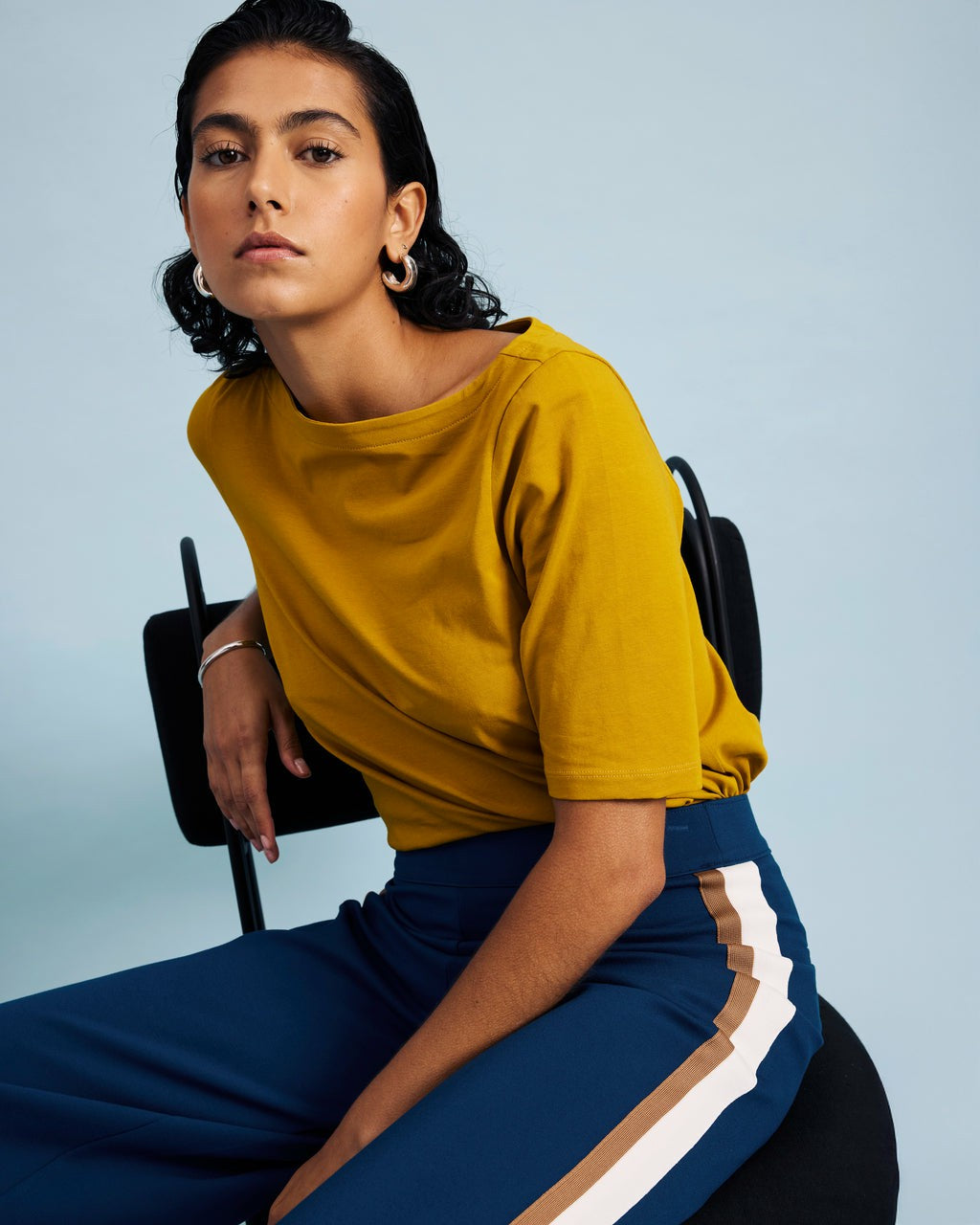 Universal Standard Stephanie Wide Leg Stripe Ponte Pants 30 Inch - Deep Teal with Camel/E