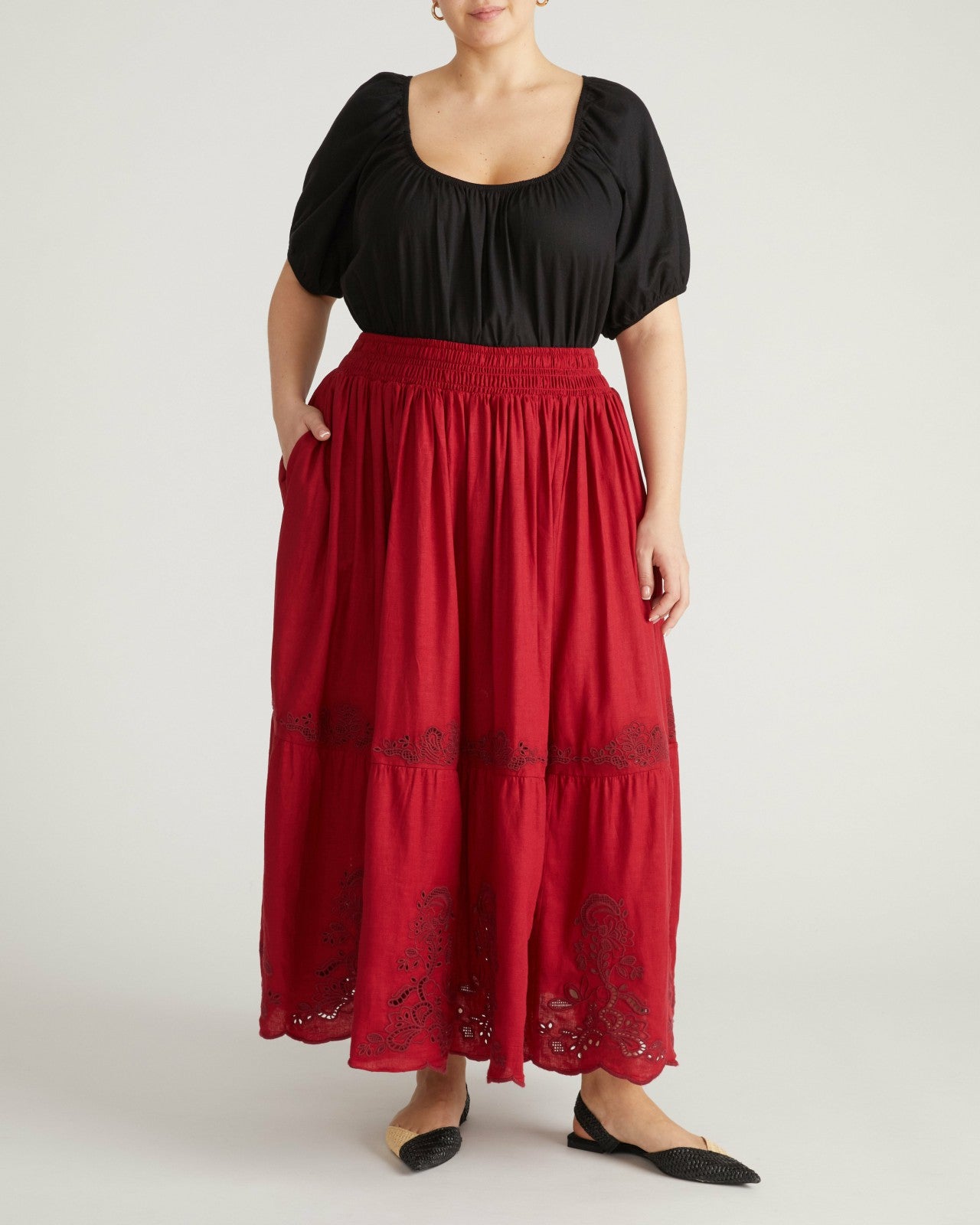 Universal Standard Tosca Embroidered Linen Blend Maxi Skirt - Vibrant Red