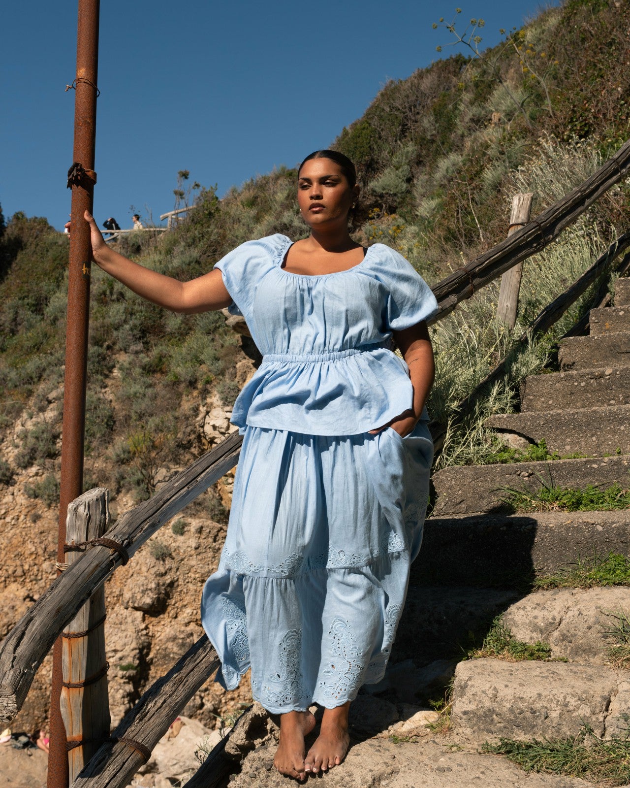 Universal Standard Tosca Embroidered Linen Blend Maxi Skirt - Cielo Blue