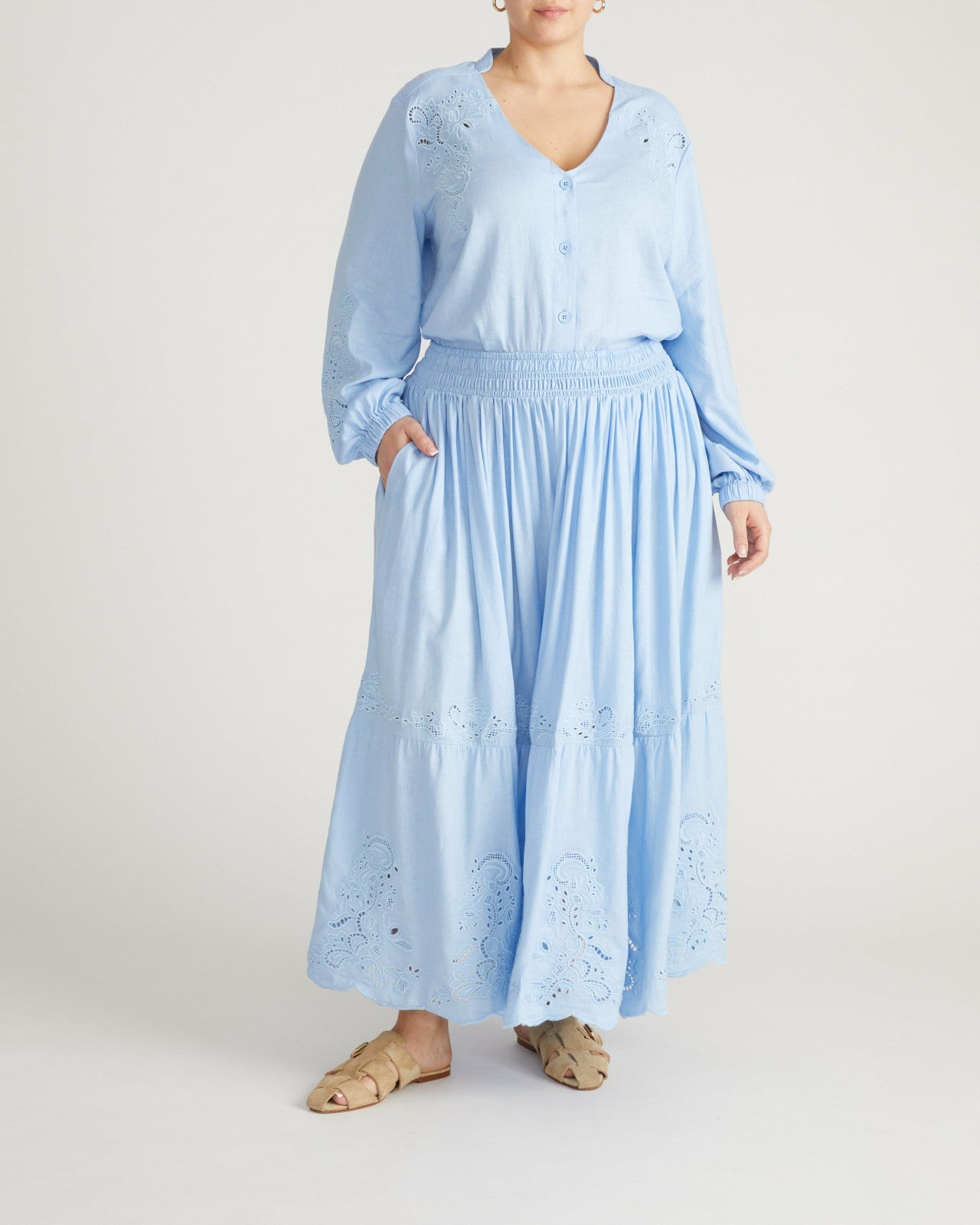 Universal Standard Tosca Embroidered Linen Blend Maxi Skirt - Cielo Blue