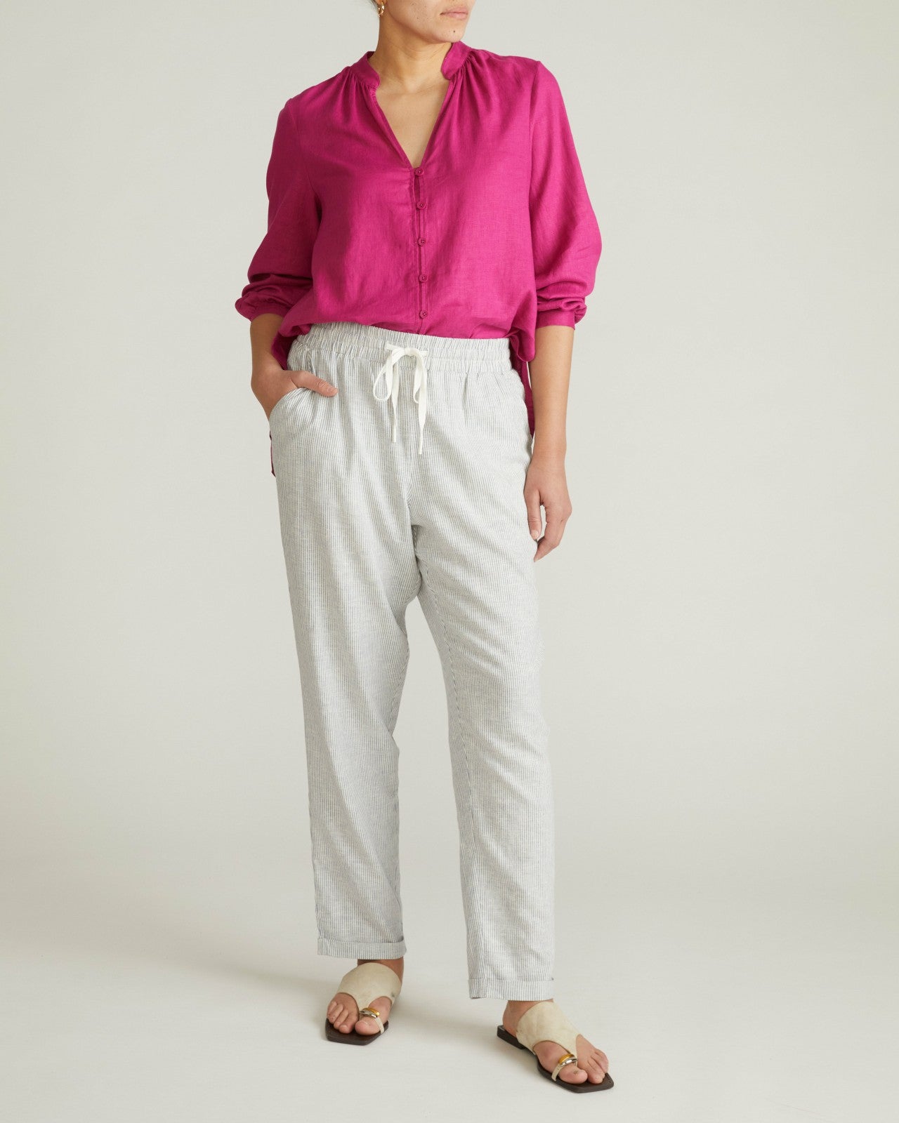 Universal Standard Sayville Linen Blend Drawstring Pant - Beach Stripe