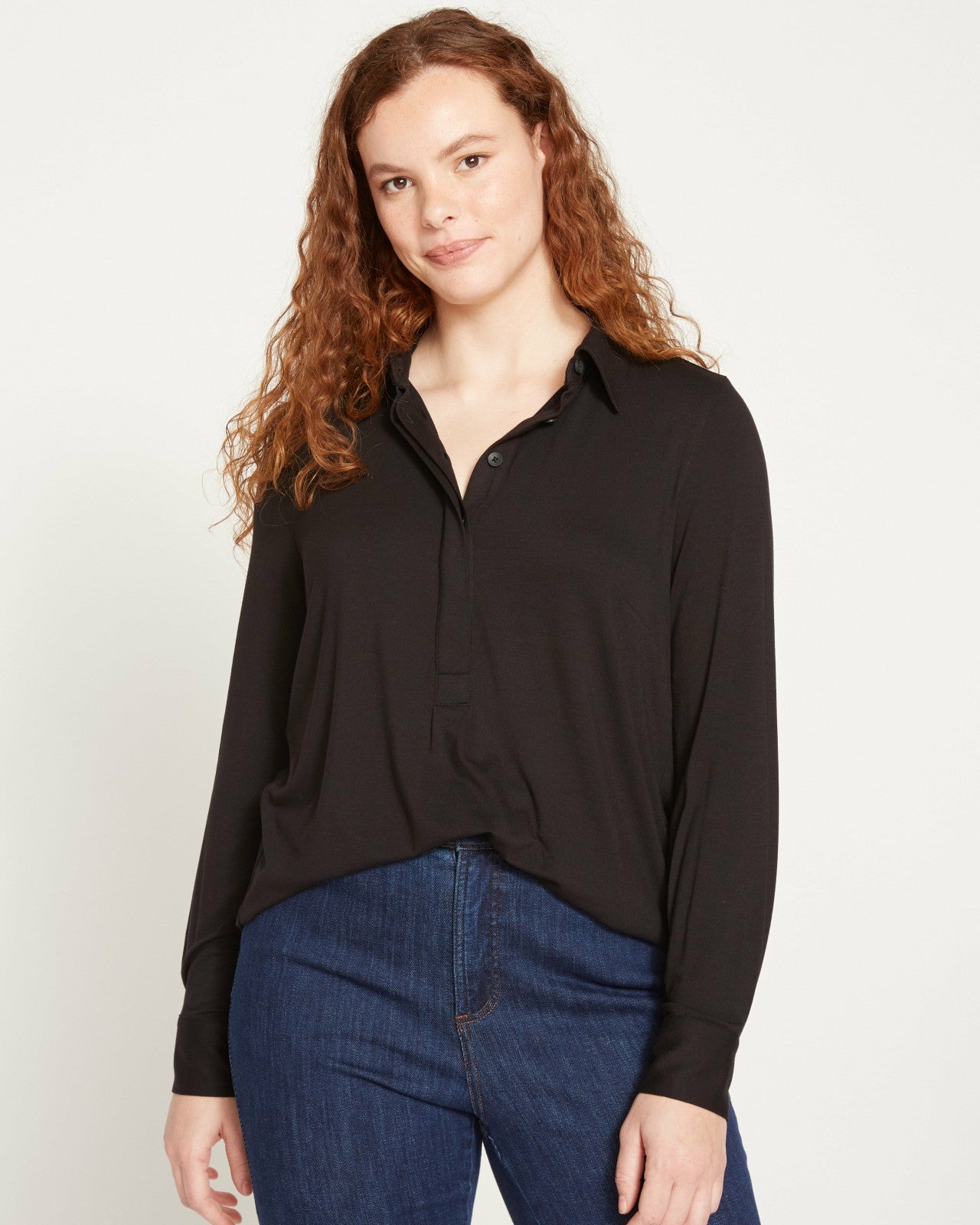Universal Standard Elbe Popover Liquid Jersey Shirt Classic Fit - Black