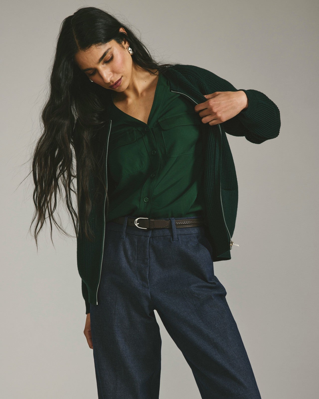 Universal Standard Cooling Stretch Cupro Button-Down Blouse - Forest Green
