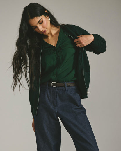 Universal Standard Cooling Stretch Cupro Button-Down Blouse - Forest Green