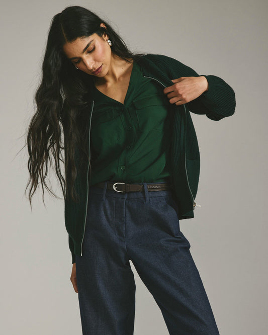 Universal Standard Cooling Stretch Cupro Button-Down Blouse - Forest Green