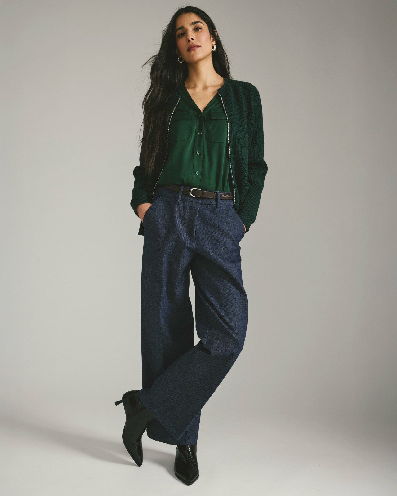 Universal Standard Cooling Stretch Cupro Button-Down Blouse - Forest Green