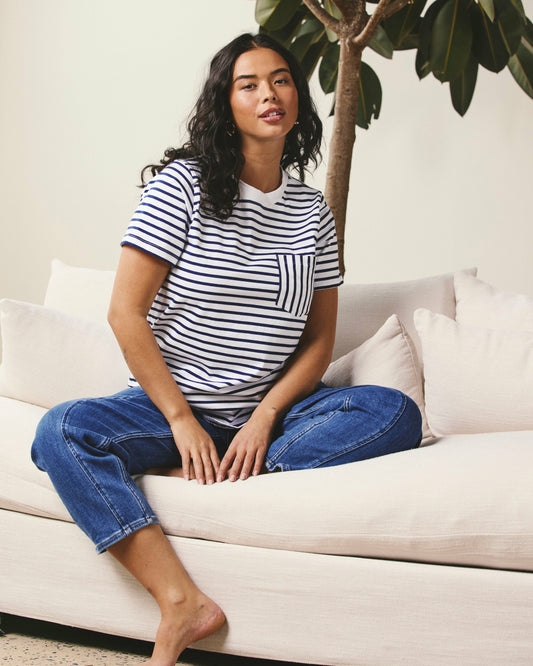 Universal Standard Breton Stripe Garcon Tee - White/Cenote Stripe
