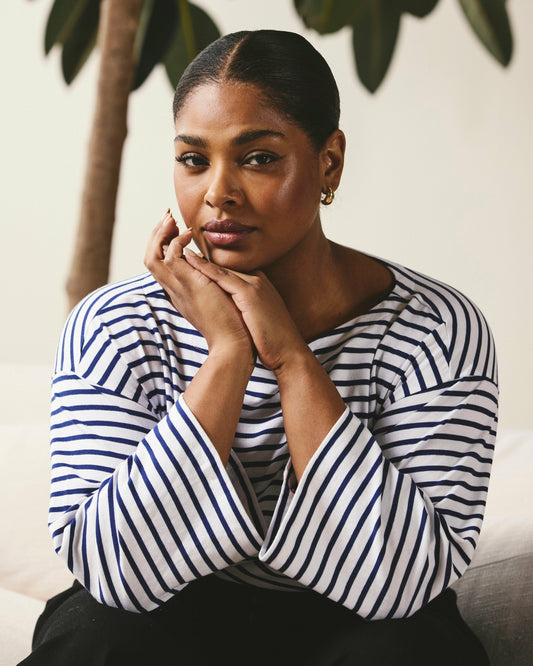 Universal Standard Montauk Breton Stripe Bell Sleeve Top - White/Cenote Stripe