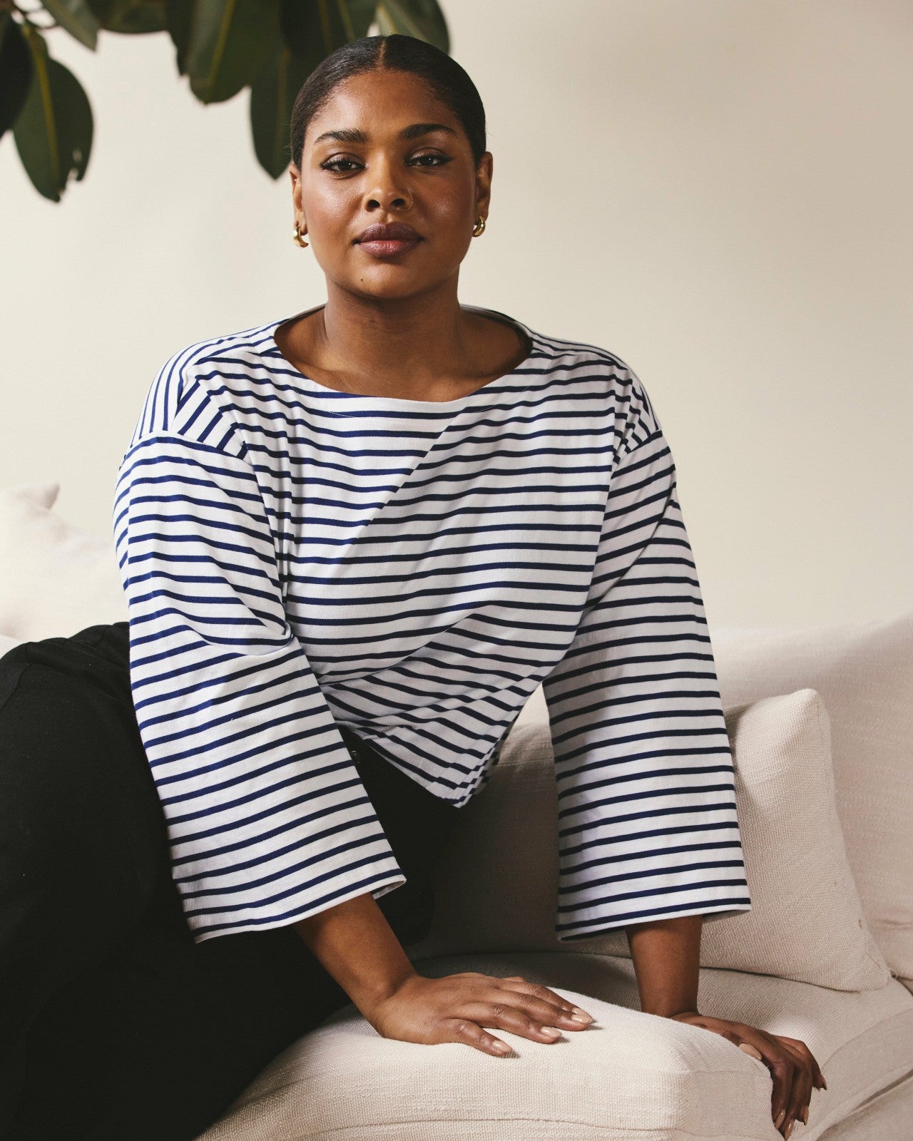 Universal Standard Montauk Breton Stripe Bell Sleeve Top - White/Cenote Stripe