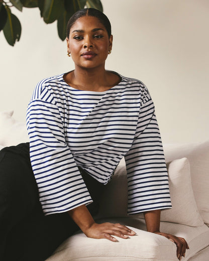 Universal Standard Montauk Breton Stripe Bell Sleeve Top - White/Cenote Stripe