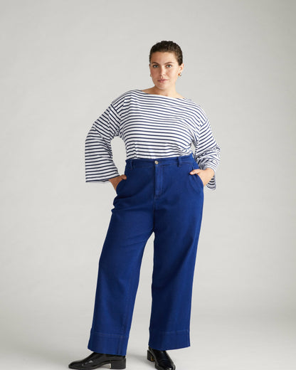Universal Standard Montauk Breton Stripe Bell Sleeve Top - White/Cenote Stripe