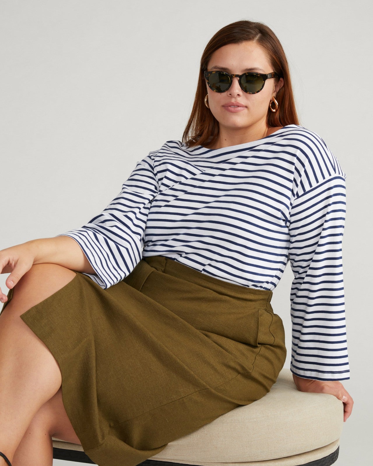 Universal Standard Montauk Breton Stripe Bell Sleeve Top - White/Cenote Stripe