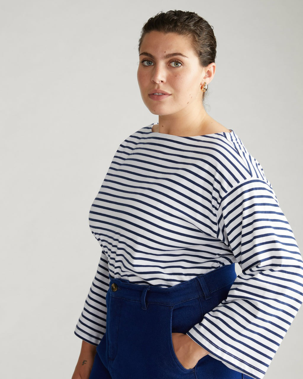 Universal Standard Montauk Breton Stripe Bell Sleeve Top - White/Cenote Stripe