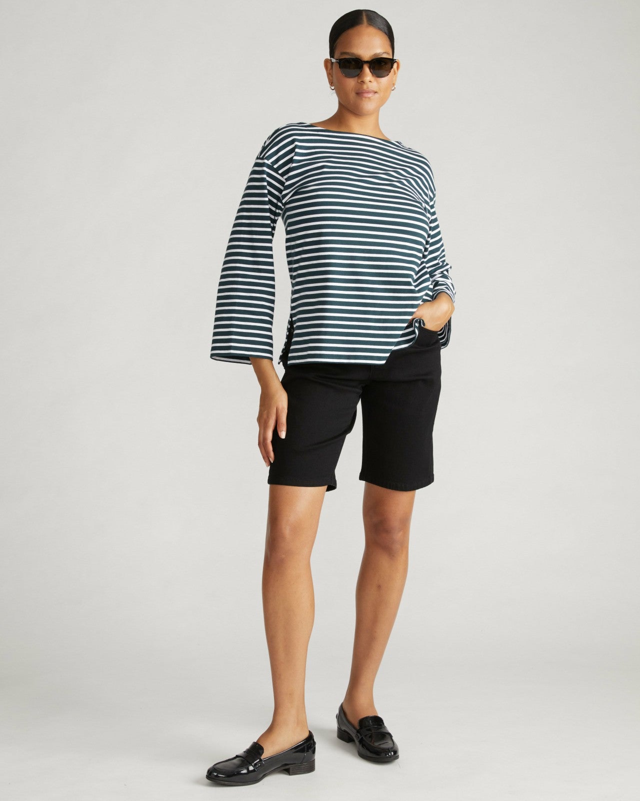Universal Standard Montauk Breton Stripe Bell Sleeve Top - Deep Sea/White Stripe