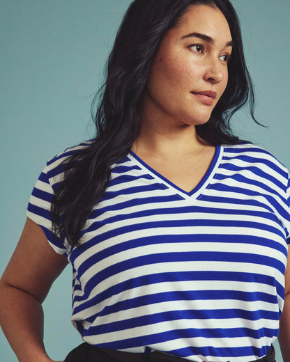 Universal Standard Ashley V Neck Cap Sleeve Tee - Hammersmith Blue/White Stripe