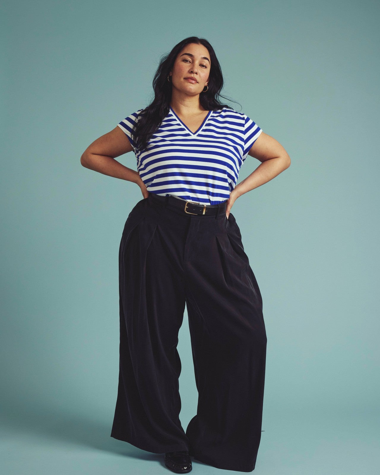 Universal Standard Ashley V Neck Cap Sleeve Tee - Hammersmith Blue/White Stripe