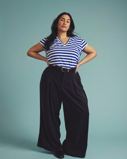 Universal Standard Ashley V Neck Cap Sleeve Tee - Hammersmith Blue/White Stripe